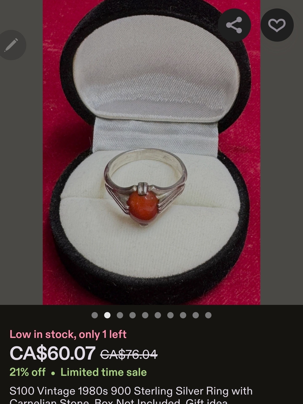 Vintage Sterling Silver Orange Cabochon Ring Size 6.5 Statement Ring - Picture 13 of 13